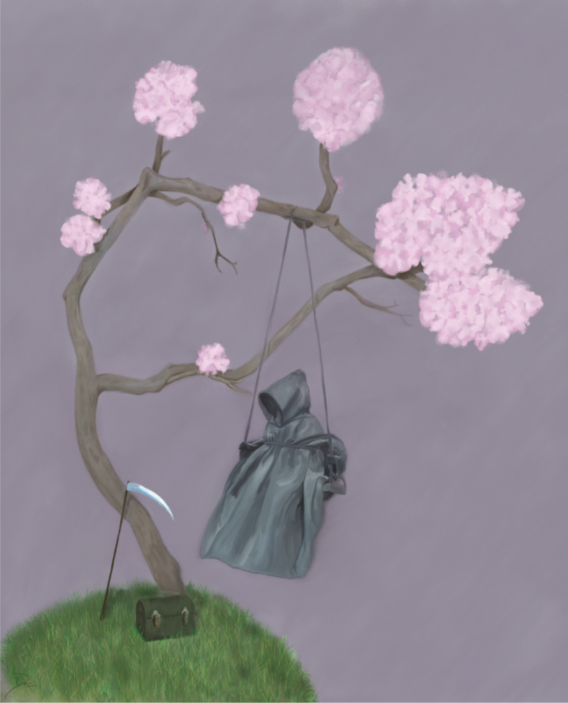 Death on Break - Professional Quality Prints - Art of Dena Tullis - death on swing - cherry blossoms - breaktime