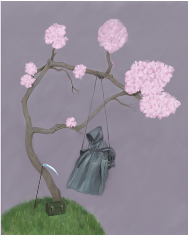 Death on Break - Professional Quality Prints - Art of Dena Tullis - death on swing - cherry blossoms - breaktime